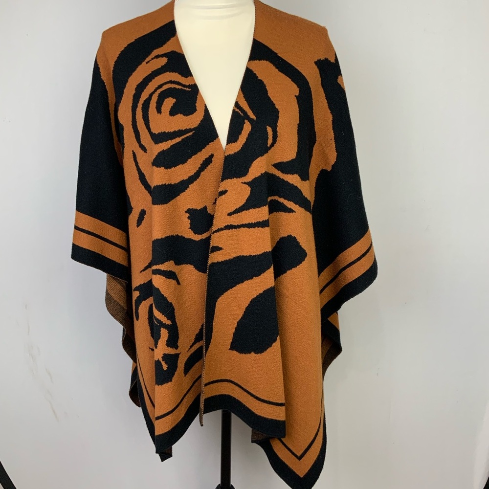 MING WANG One Size Brown Black Floral Poncho Wrap Open Cardigan Knit Artsy